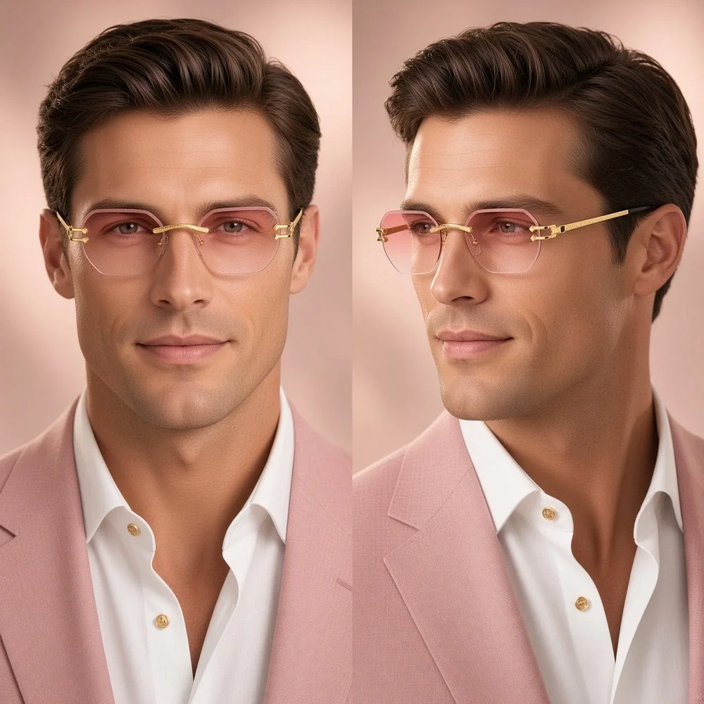 Men Sunglasses Pink Lens Rimless Diamond Cut Gold Frame UV400 Protect Hip Hop